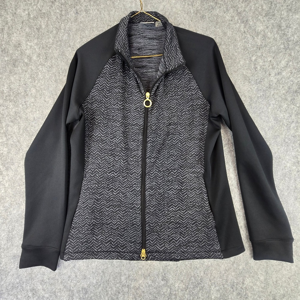 Greg Norman Womens Full Zip Golf Jacket Medium M Black Jacquard Chevron Track